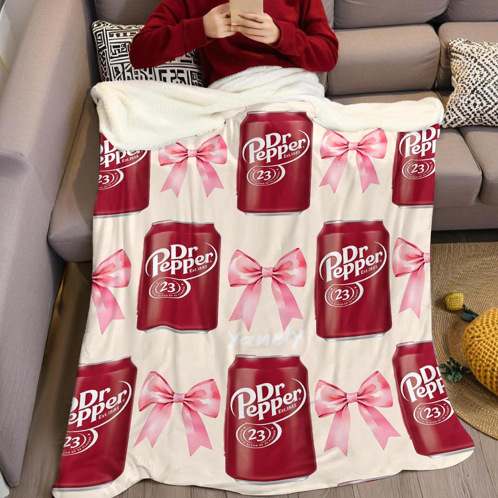 Dr Pepper Bow Print Flannel Blanket Warm Soft Halloween Christmas Couch Warm Cozy Decorative Decor Gift for All Season