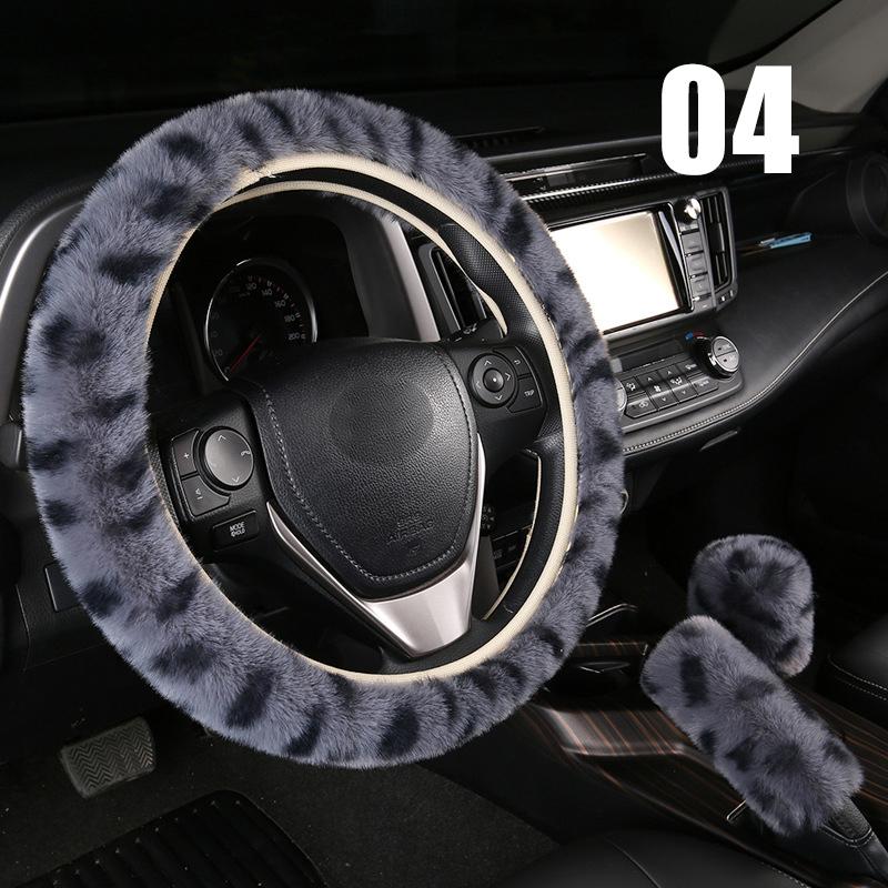 3 Stück/Set Winter Leopard Muster Plüsch Auto Lenkradbezug Schalthebelbezug Handbremsbezug Auto Schutzpolster Innenraum
