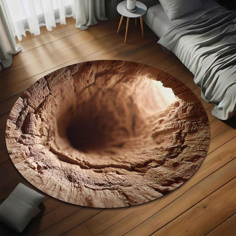 Ковер с 3D-печатью «Горная дыра» Ковер «Иллюзия горного тоннеля» Круглый ковер Рустикальный камень 3D-печатный ковер Природа Пещерная дыра Круглый ковер для гостиной 100cm