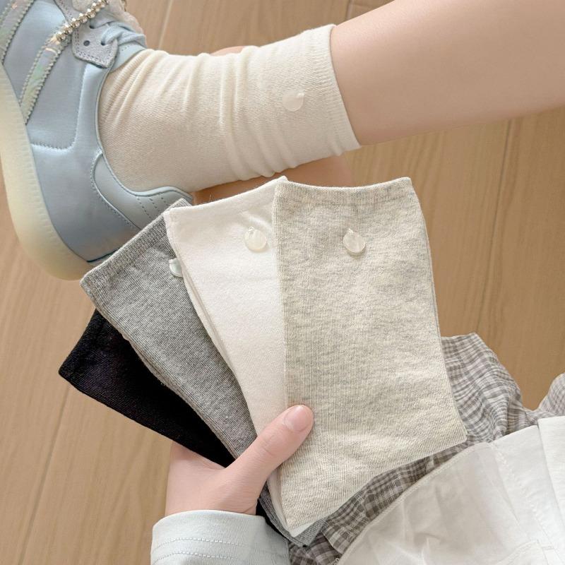 Buttoned Socks - Children's Spring Pure-color Versatile Mid-calf Socks, Pile Socks, Combed Cotton Mid-calf Socks