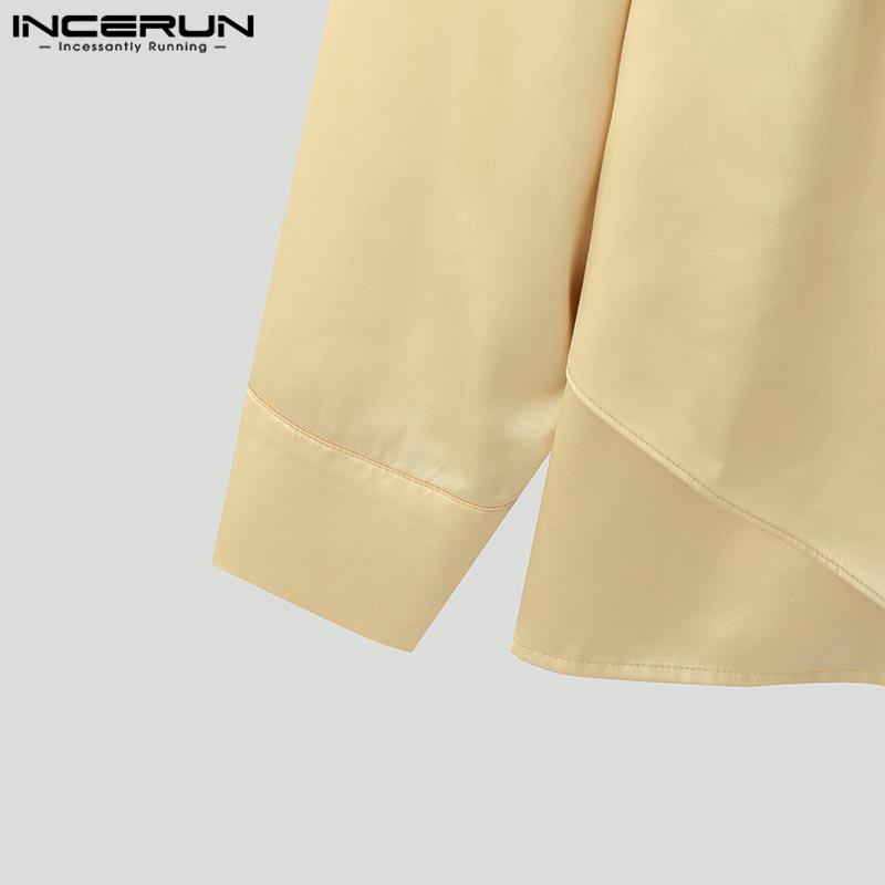 INCERUN Men Mockneck Long Sleeve Layers Irregular Ruffled Satin Shirts