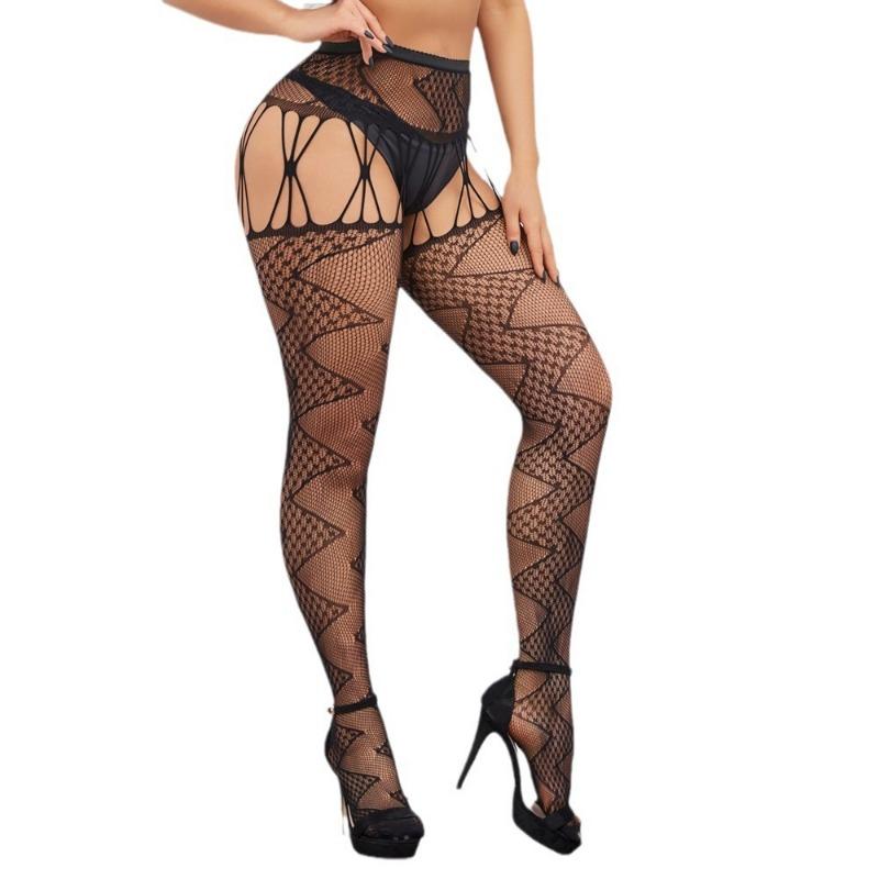 Sexy Side Cross Suspender Rhinestone Jacquard Footed Fishnet Pantyhose For Women