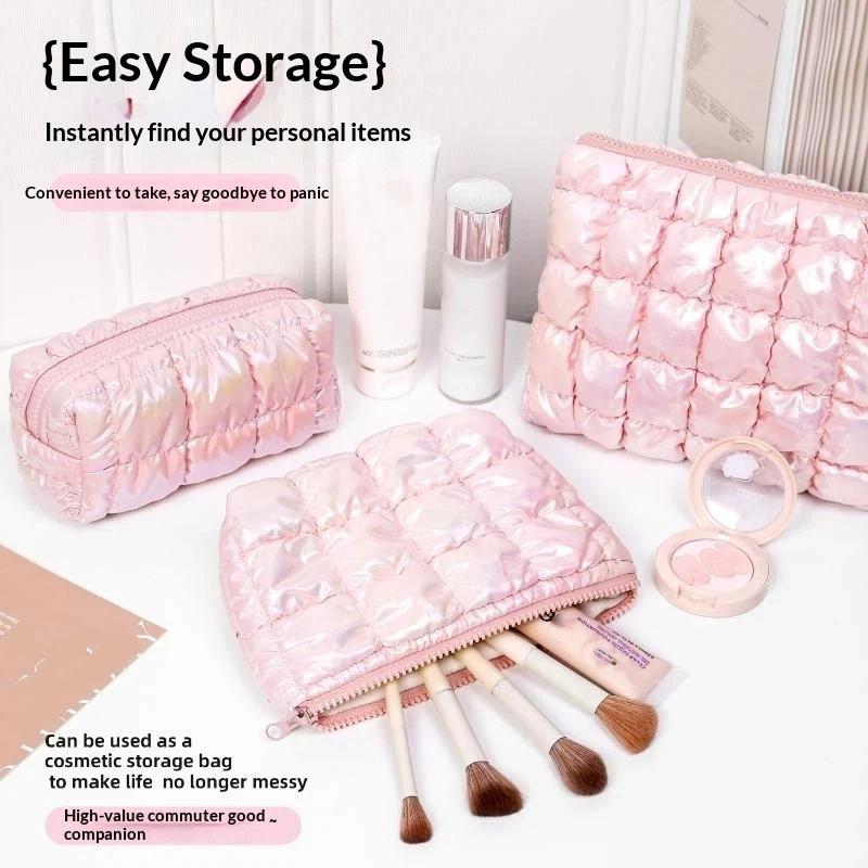 Iridescent Pink Puffy Makeup Bag With Bubble Grid Design Large Capacity For Travel Daily Cosmetic Storage