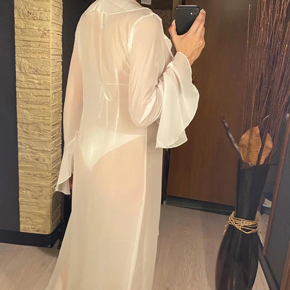 New Sexy V Neck Ruffled Long Sleeve Chiffon Tunic Beach Cover Up Cover-ups Beach Dress Beach Wear Beachwear Female Women V5976