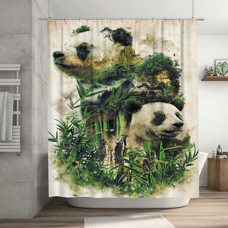 

Green Bamboo Forest Shower Curtain With Animal Design For Bathroom Decoration White Background Art Print Shower Panels W60H190(CM)-1 Pcs