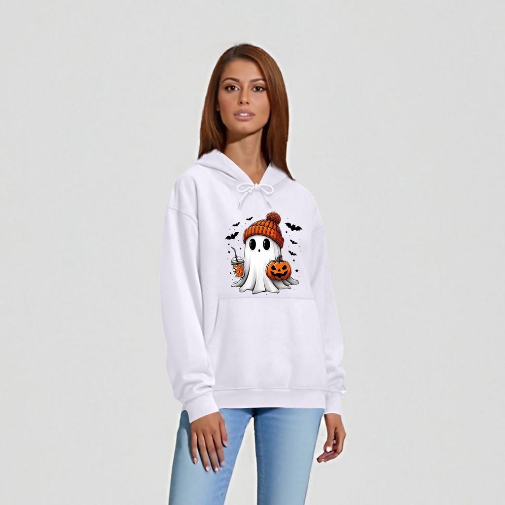 Women's O-neck Long Sleeve Halloween Printed Top Solid Color Hoodie