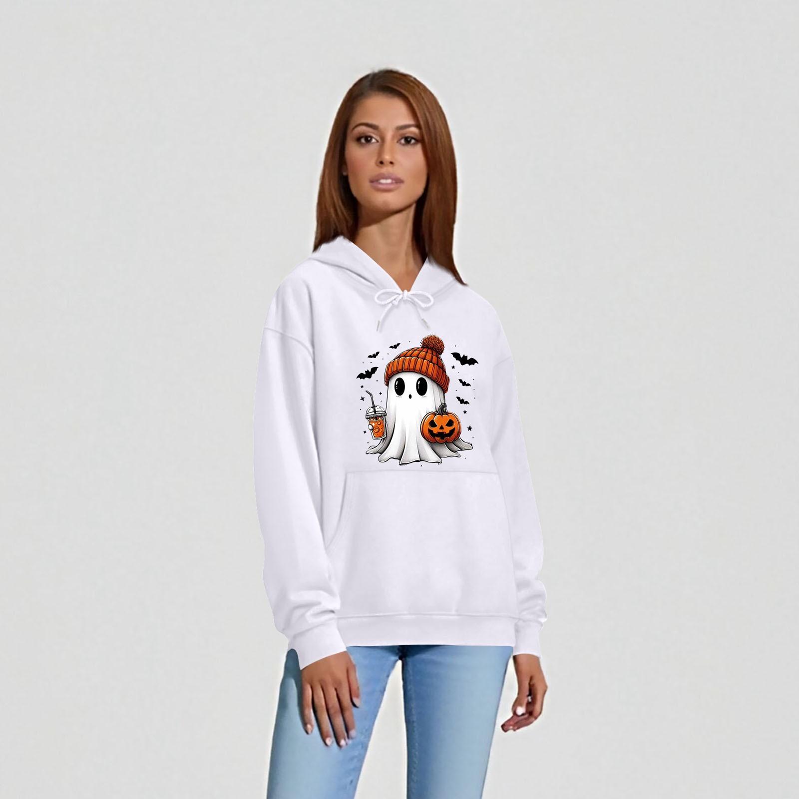 

Женская однотонная толстовка с капюшоном с длинным рукавом и принтом на Хэллоуин M белый