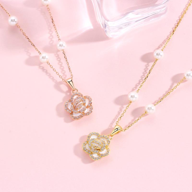 S925 Sterling Silver Camellia Pearl Necklace - Women's Forest Style, Light Luxury, Clavicle Chain, Niche Design.