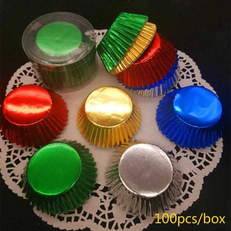 Golden thick aluminum pomfin cake paper cups PVC boxed paper tray for baking 100 pcs