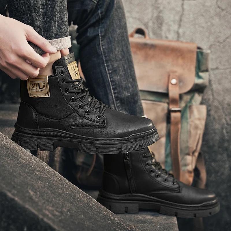 Fashion Men's All-match Casual Shoes Men's Business Dress Casual Boots Outdoor High Top Shoes Classic Leather Men Slip On Chelsea Boots