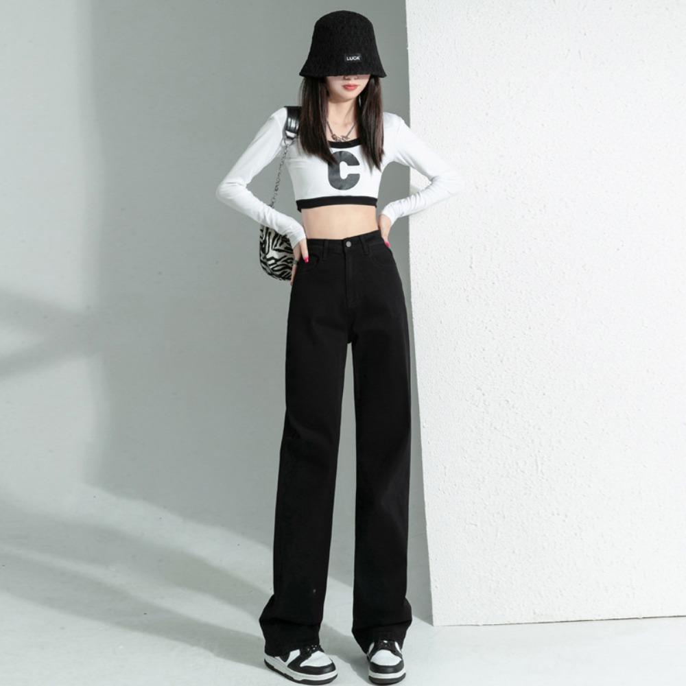 

Ленивый ветер прямые джинсы женские 2025 осень и зима новые высокая посадка тонкие маленькие широкие штанины моппинг деним 2XL чёрный