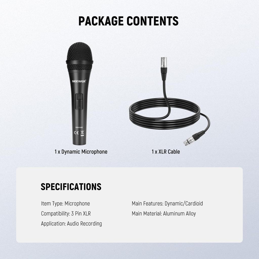 NEEWER Cardioid Dynamic Microphone with XLR Rigid Metal Unidirectional Pickup Mic for Musical Public PC Streaming Black NW-040 Cable, Housing,