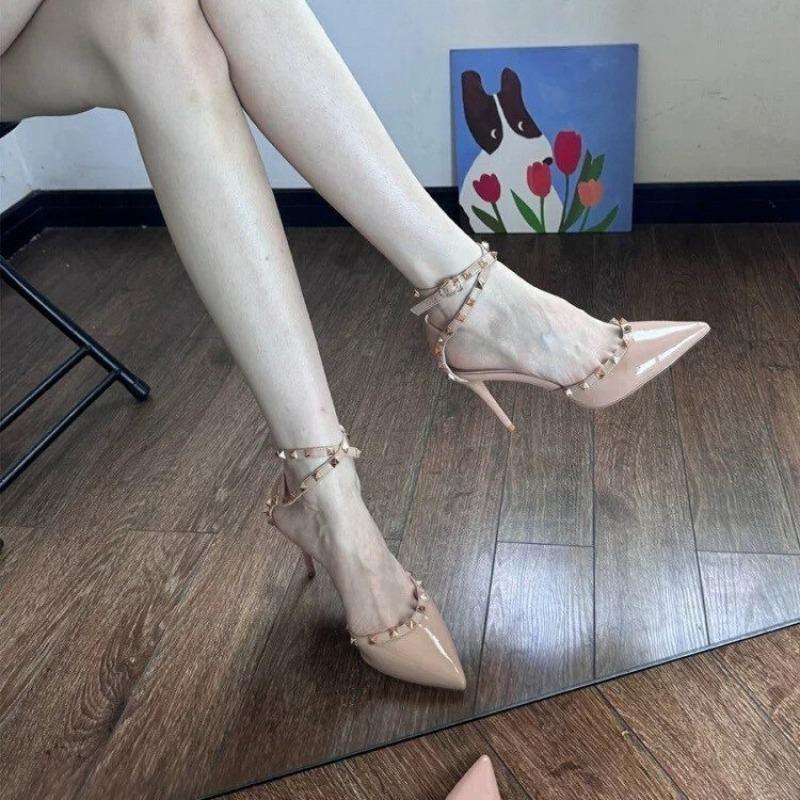 Fashion Rivet Closed Toe High Heels for Women New Style Temperament Pointed Shallow Mouth One-strap Non-slip Sexy Stiletto Sandals