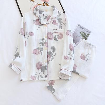 Print Flower Pajamas for Women Spring Autumn Sleepwear Trouser Suits Soft Cotton Gauze Sleepwear Nightwear Loose Casual Homewear