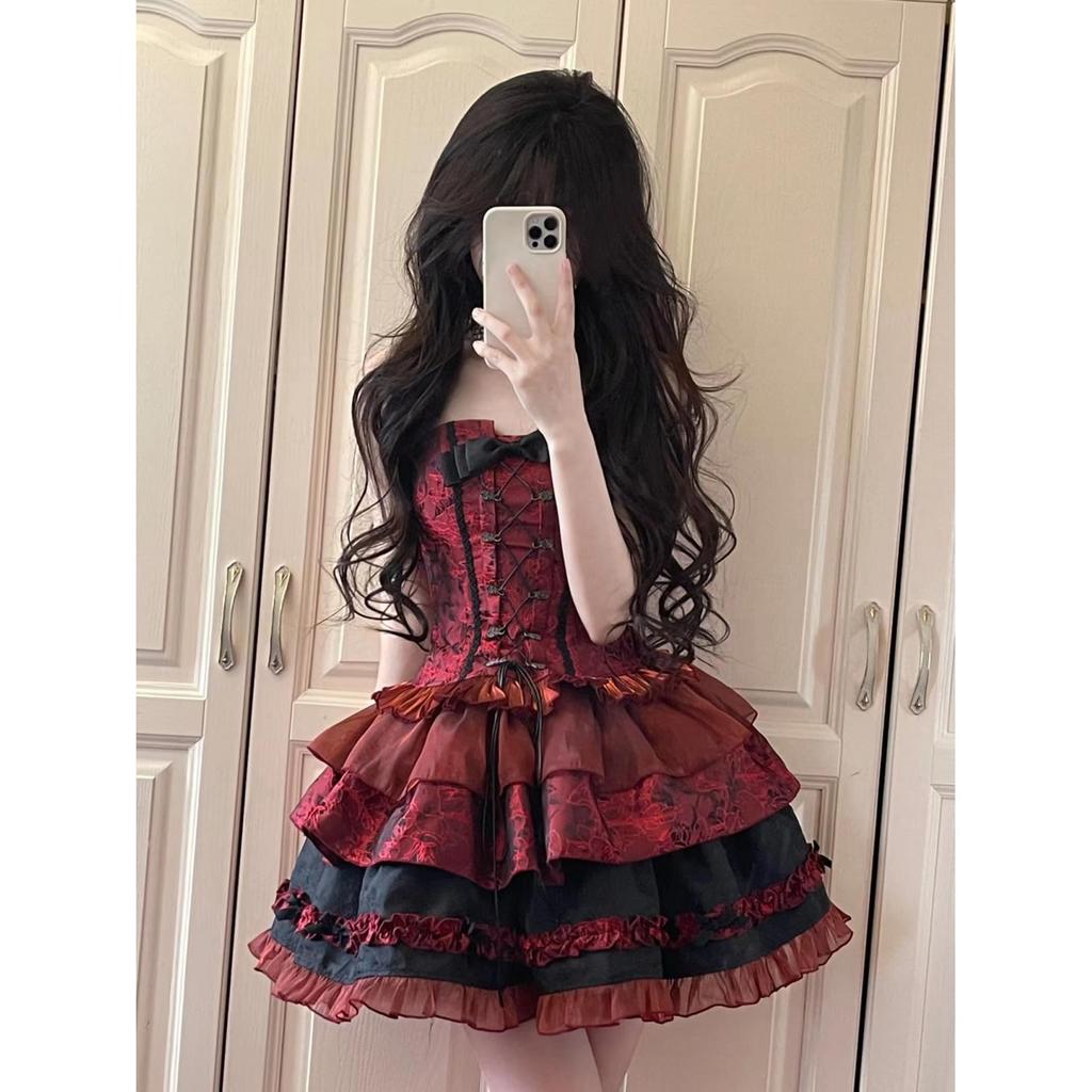 Toku and Yuu Lolita Dress Set Red and for Mori Girl Gothic Lolita Princess Perfect for Tea and Parties 3-Piece (Mini Skirt, Camisole, Black) Women,