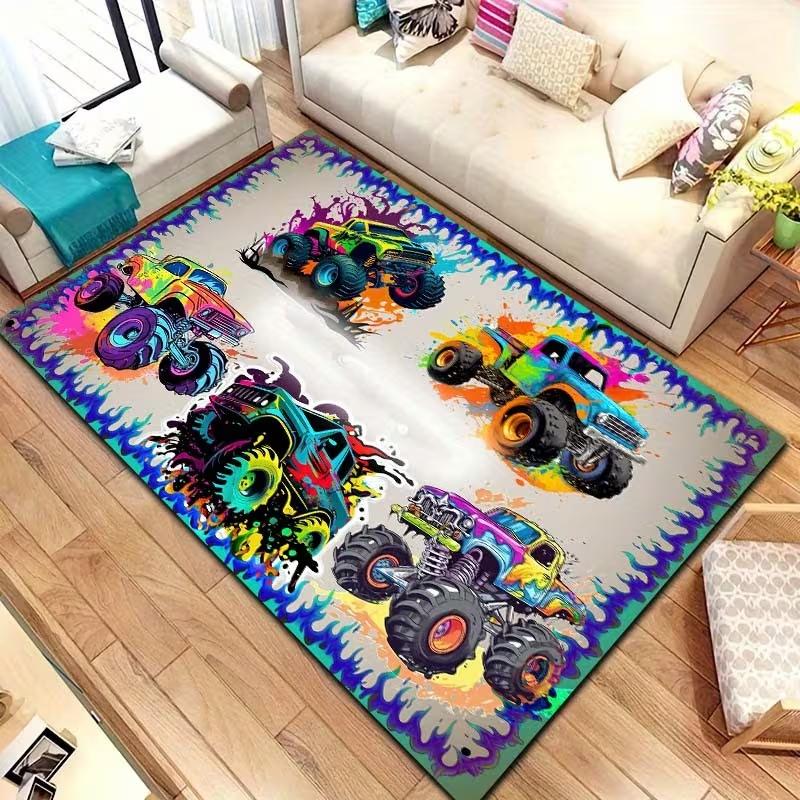 2D Flat Monster Truck HD Printed Carpet, Kitchen Rugs, Yoga Mat, Non-Slip Bathroom Mats Washable Polyester Rug for Bathroom