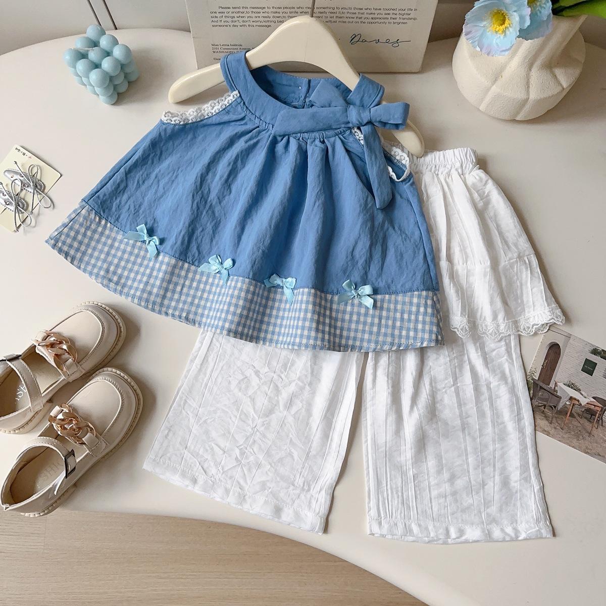 Summer Girls Bow Tie Vest And Lace Trim Wide Leg Pants Two Piece Set Outfit 90cm
