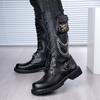 2025 Rock Boots Tall Men's Leather Boots Skull Chain Lace-up Cowboy Boots Thick Sole Trend Stage Martin Boots