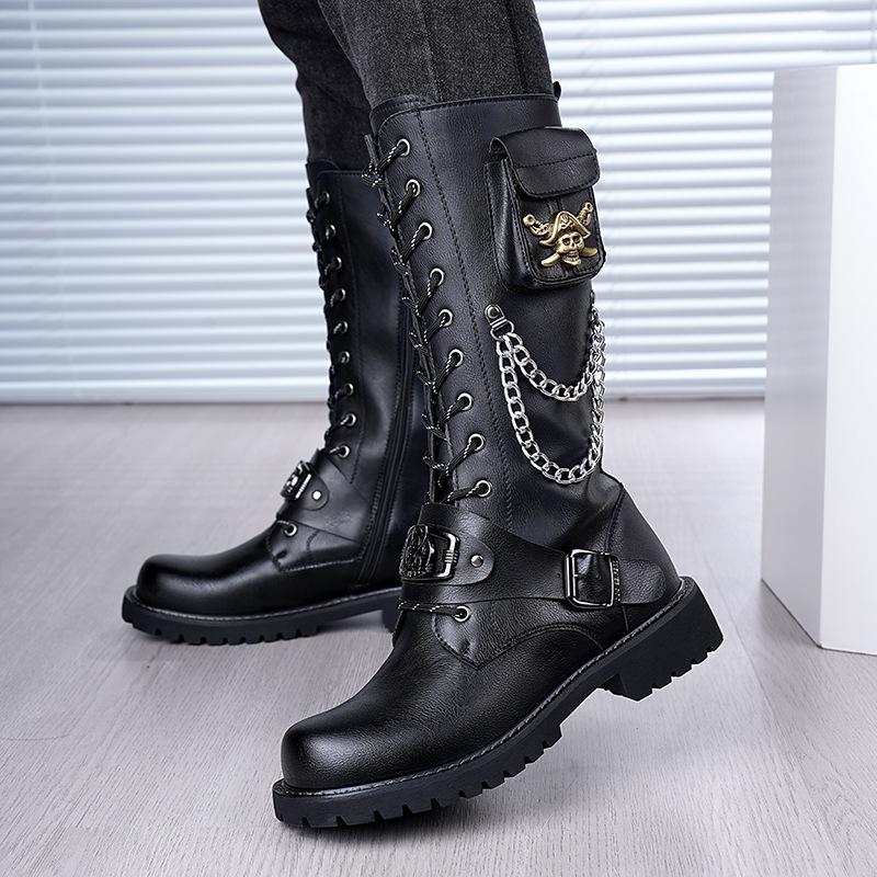 2025 Rock Boots Tall Men's Leather Boots Skull Chain Lace-up Cowboy Boots Thick Sole Trend Stage Martin Boots
