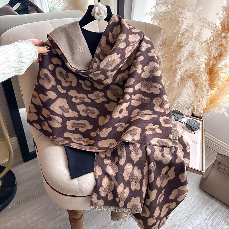 Autumn and Winter European and American Leopard Print Scarf Women's Imitation Cashmere Long Fringed Shawl Scarf Neck Warm Scarf