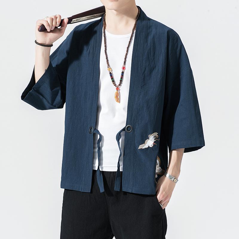 Kimono con Ricamo Tsuru Stile Giapponese Harajuku Taglie Forti Costume da Samurai Uomo Yukata Abbigliamento Asiatico Cardigan Giacca
