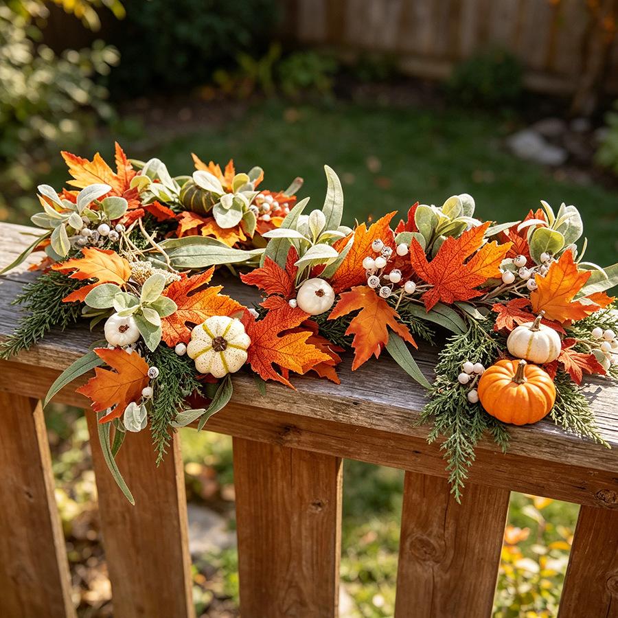 Pumpkin Maple Leaf and Bunny Ear Leaf Garland with Wire for Thanksgiving Fireplace Staircase Front Door Decor