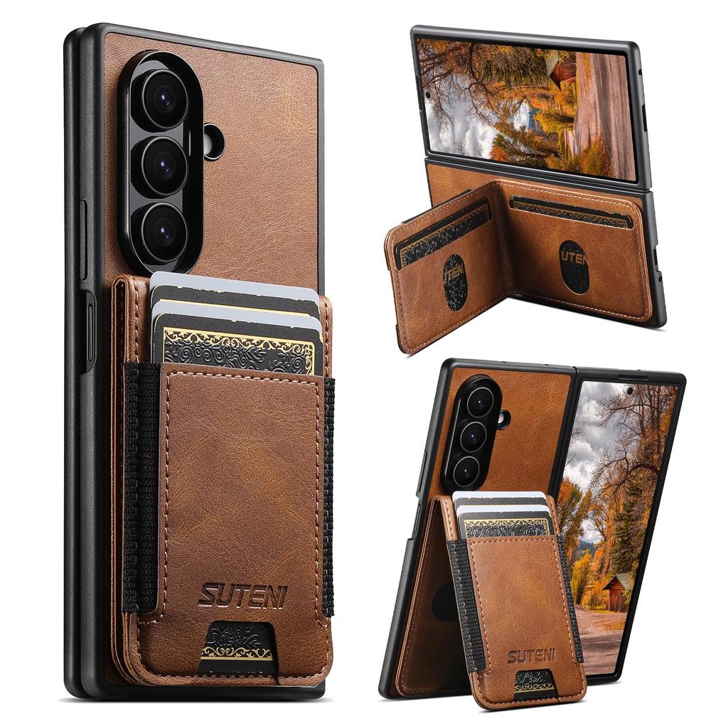 SUTENI Leather Case for Samsung Z Fold 7/6/5: Oil Wax Texture with Elastic Band, Card Slot & Stand