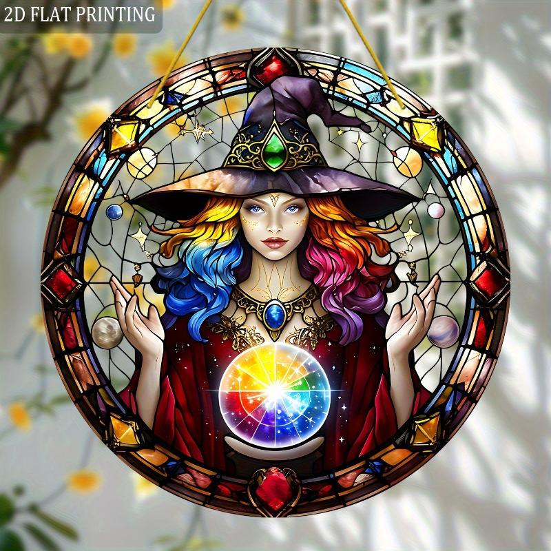 

2D Flat Witch Dyeing Acrylic Round Magic Theme Decoration Sign, Spiritual Witchcraft and Occult Symbols Design, Home Decor Plaque Hanging Wall Art Dec 20*20CM