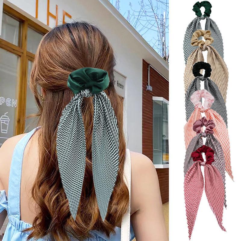 1PC French Retro Super Fairy Temperament Satin Bow Striped Hair Band Korean Internet Celebrity Sweet Girl Streamer Hair Rope