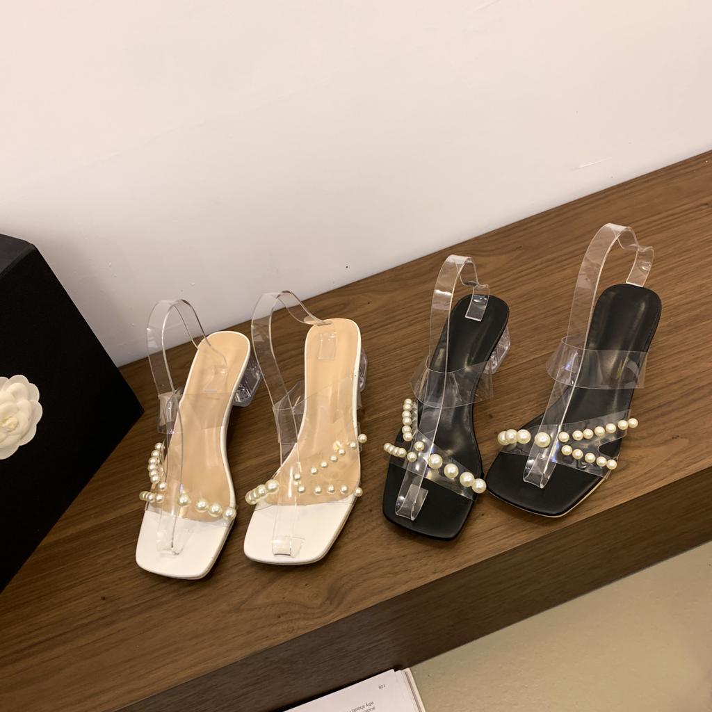 Pearl Flower Women Slippers Design Style Square Toe Crystal Round Heels Shoes Summer Slides Zapatos De Mujer