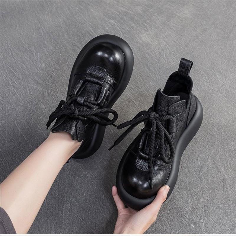 Fashion 6.5cm Genuine Leather Women Sring Autumn Platform Wedge Fashion Comfy Shoes Retro Loafer Pumps Flats Outdoor Walking Sneakers