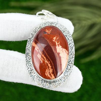 925 Sterling Silver Red Snakeskin Jasper Gemstone Bezel Wedding Pendant Jewelry