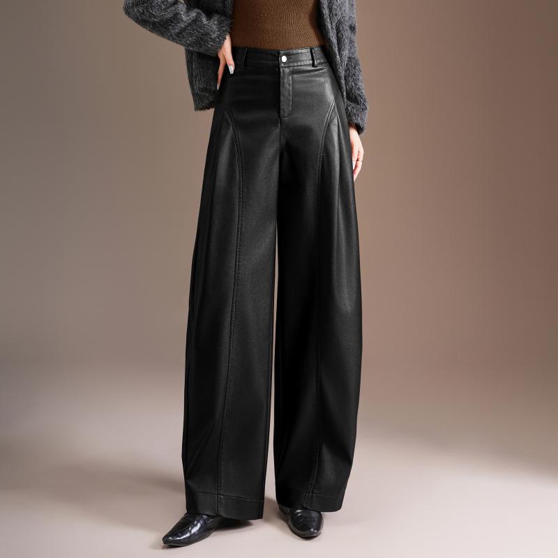 

Women s High-Waisted Wide-Leg Lambskin Leather Pants - Autumn/Winter 2025 Casual Motorcycle Style 30 чорний