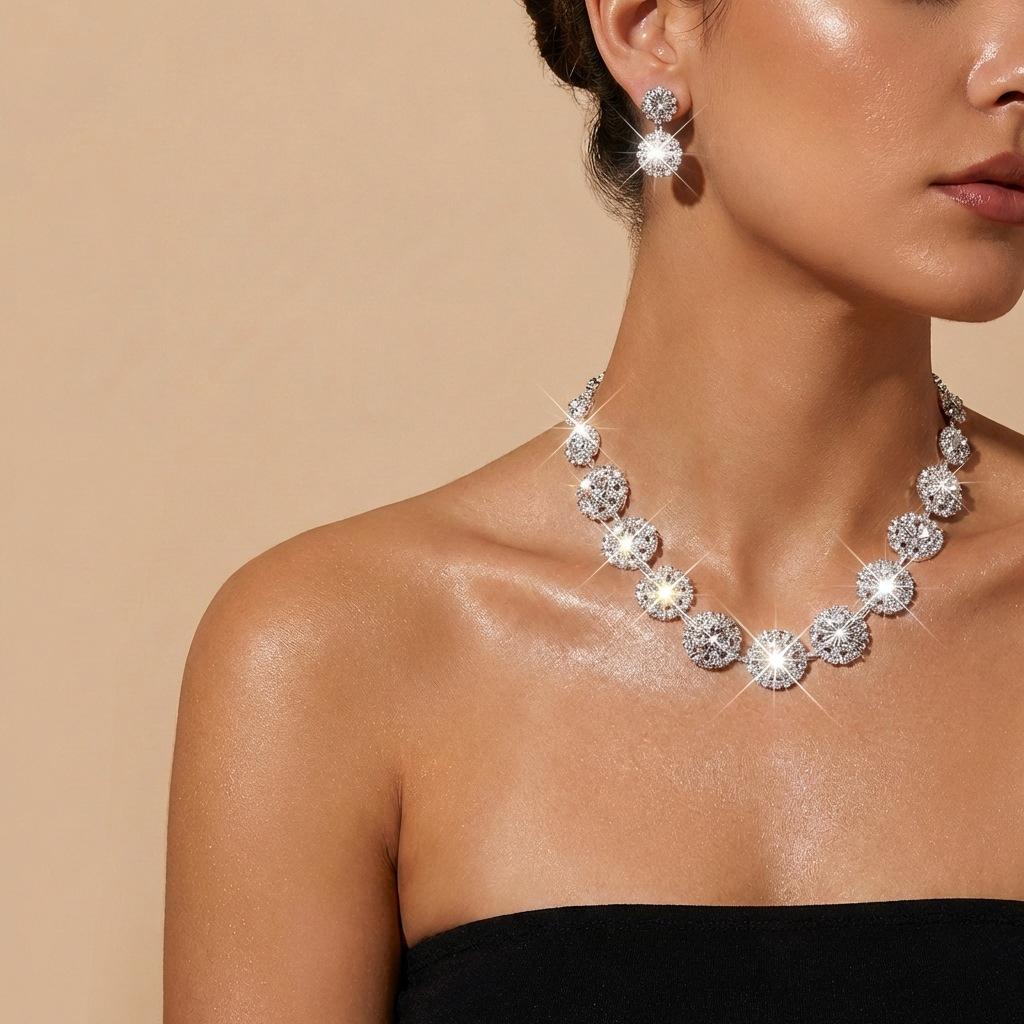 Women's Party Earrings and Necklace Set, Luxurious and Simple Diamond-Studded Sparkling Necklace, Exquisite and Sophisticated Women's Party Earrings