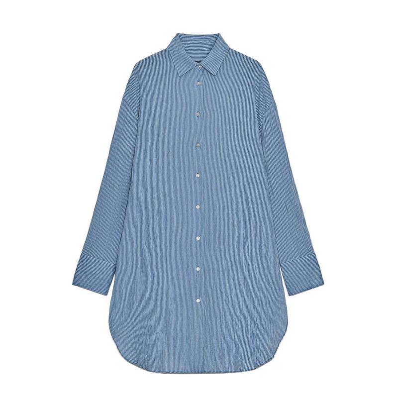 Cotton Blend Lapel Long sleeve Stripe Long Shirt 3796089 Stripe Mid Waist Casual Shorts 3766089