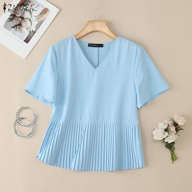 ZANZEA Women Casual V-Neck Solid Color Loose Short Sleeve Blouse