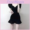 Black Knit Fabric Short Sleeve Mermaid Skirt With Ruffles For Summer Casual Wear