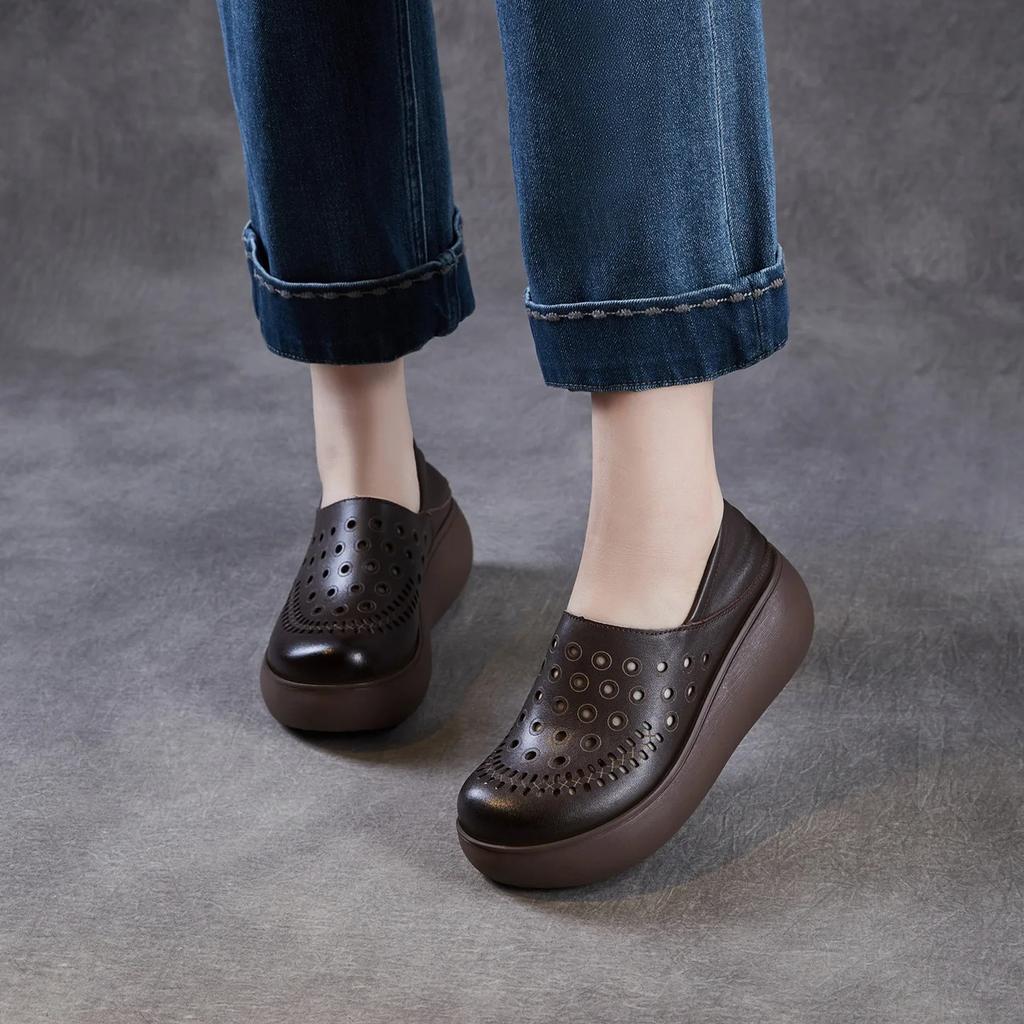 Johnature Echtes Leder Ausgeschnittene Keilsandalen mit dicker Sohle Bequeme und atmungsaktive Damen-Schlupfschuhe