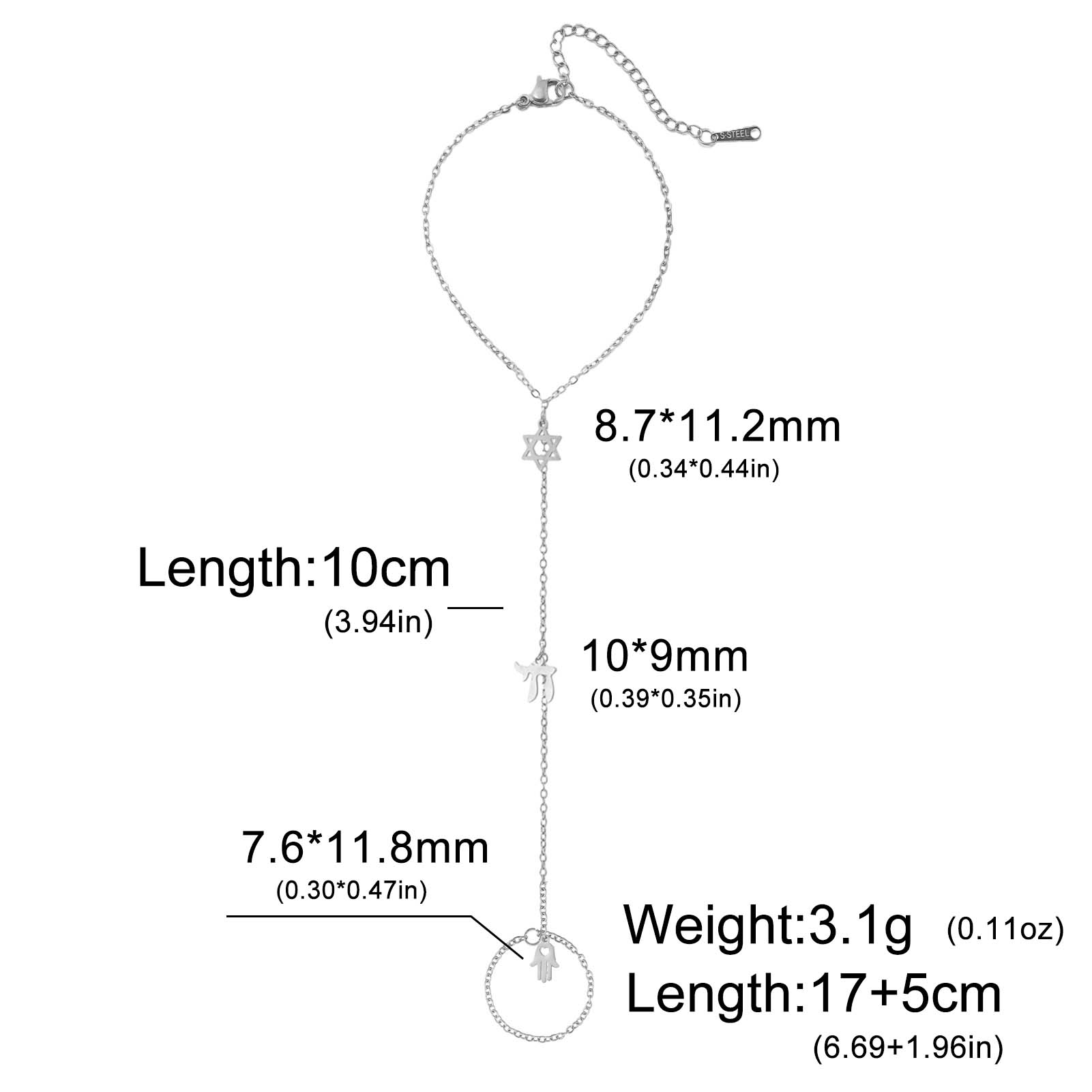 

Chai Hexagram Charms Bracelet Finger Ring Fatima Hamasa Hand Pendants Stainless Steel Adjustable Chain Lucky Jewelry Amulet Gift