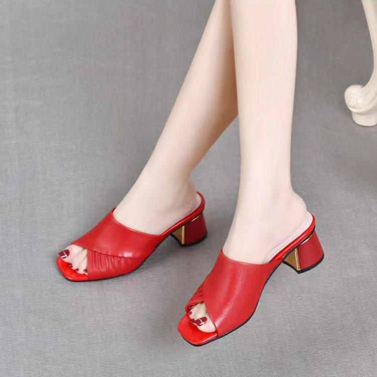 Soft leather cool slippers women's 2025 summer new women's versatile outer wear medium heel thick heel sandals fish mouth women's high heels