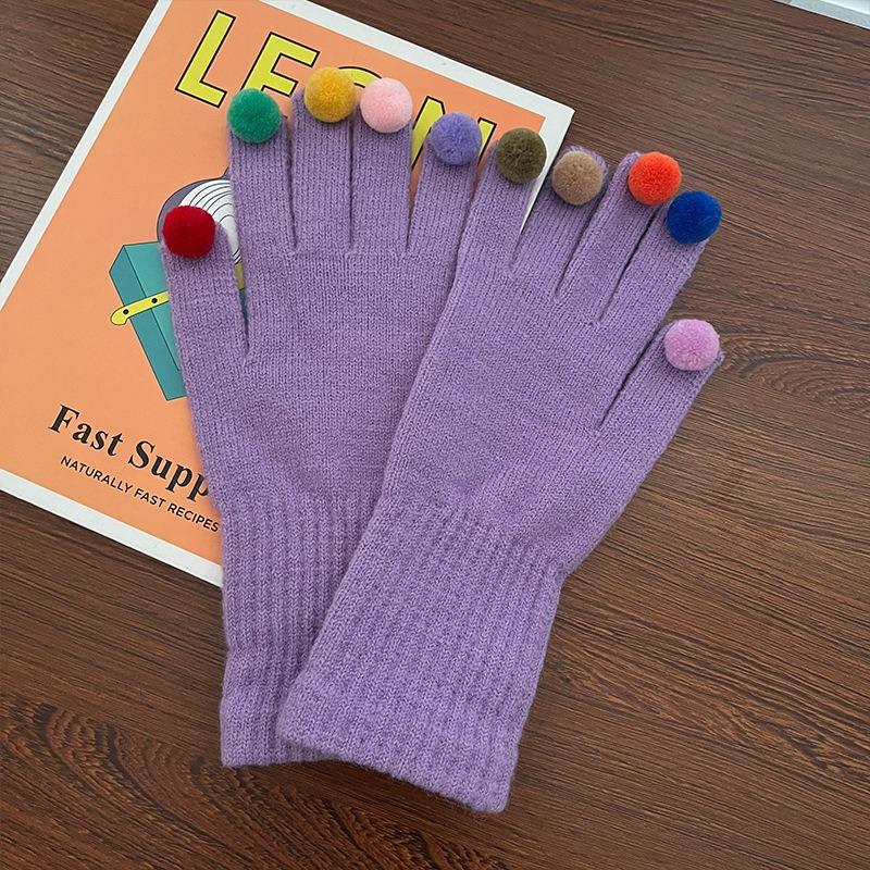 Cartoon Thermal Gloves Women Winter Thickened Cute Couple Student Cold Knitted Wool Riding Five Fingers