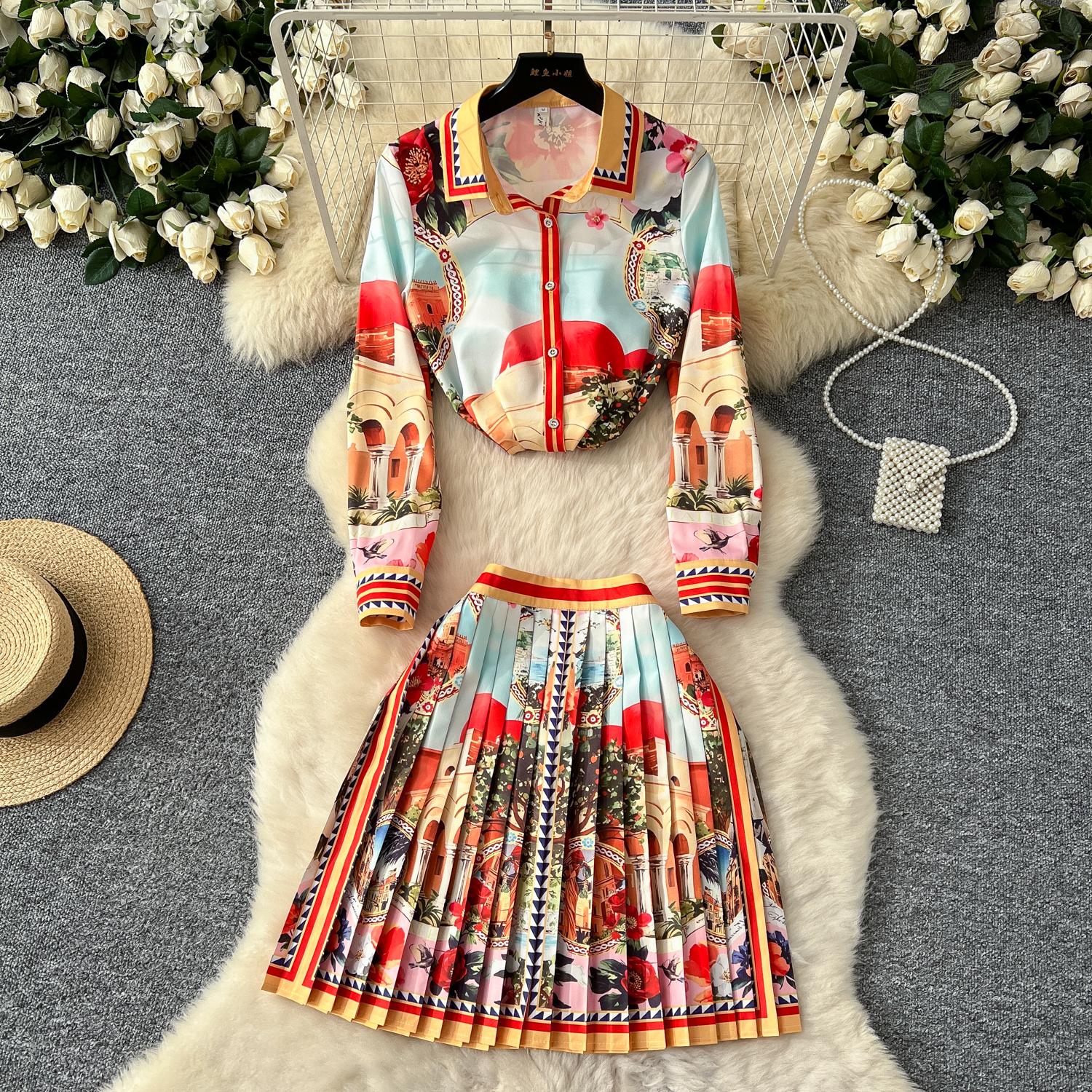 

Весна-лето Дизайнерский подиумный комплект из 2 предметов с принтом в виде букв, женская рубашка с лацканами + мини-короткая плиссированная юбка, офисные костюмы для вечеринок M жёлтый