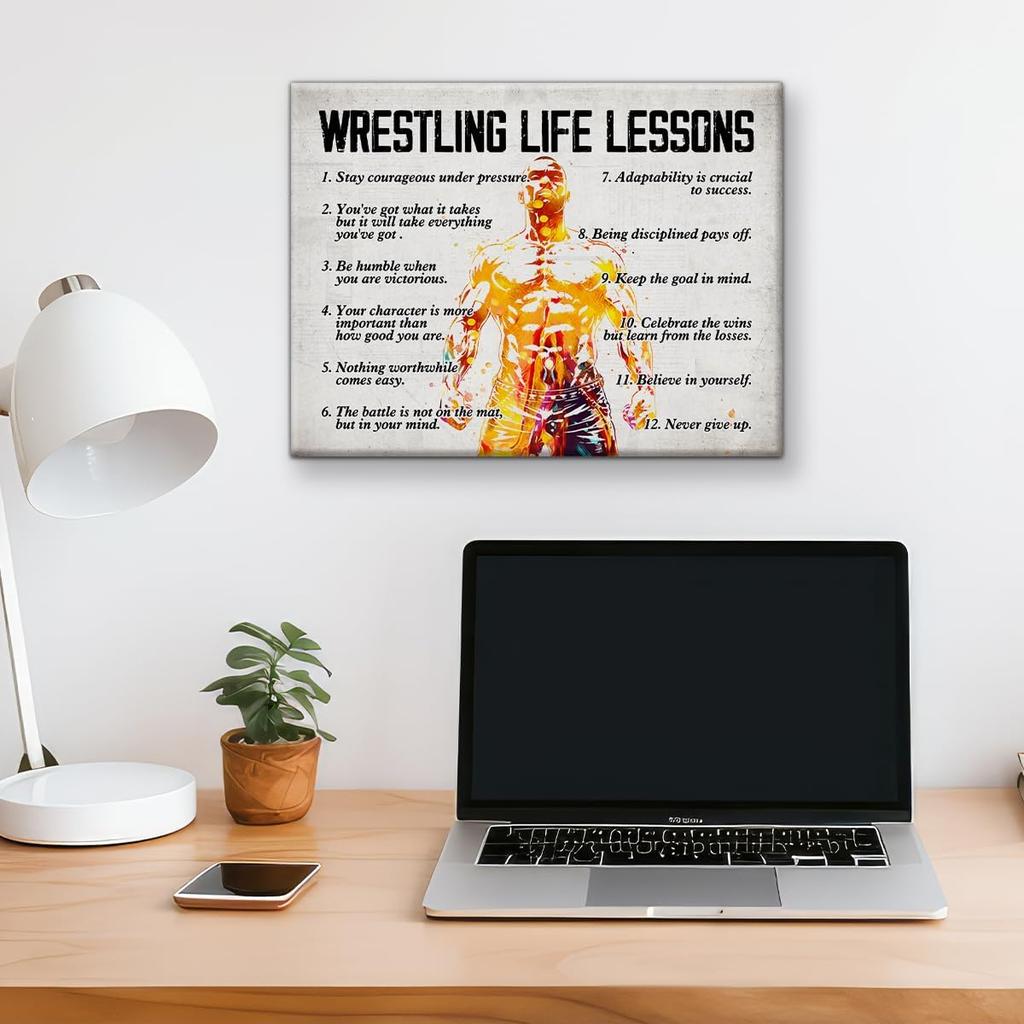 Hijie Wrestling Poster Canvas Wall Art for Home Bedroom Decor, Motivational Wrestling Life Lessons Canvas Print Painting Ready to Hang Gifts - Easel