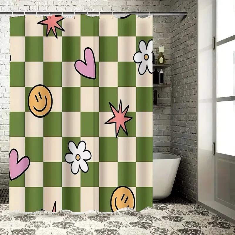 Stylish Green And Beige Checkered Shower Curtain With Cute Patterns For Your Home Bathroom Decorationwaterproof Polyesterfabric