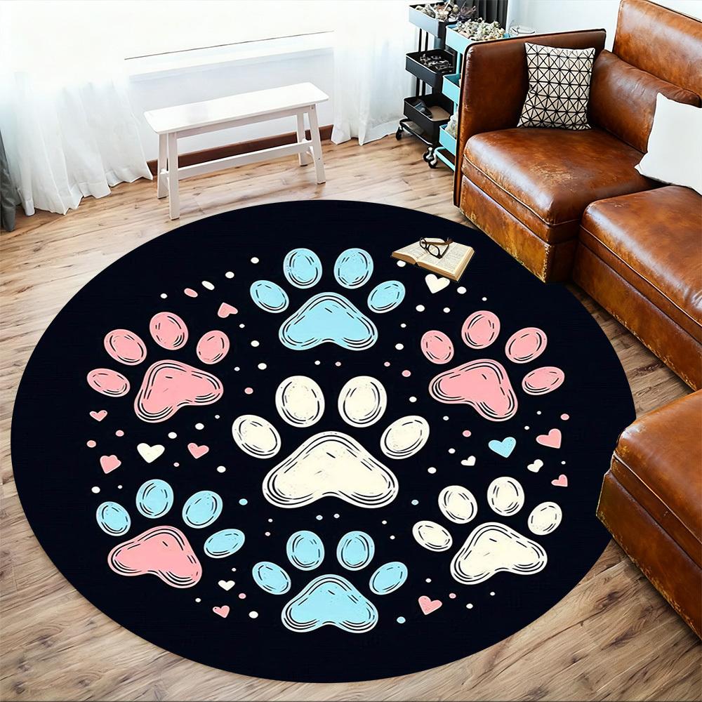 1pc Paw Prints Hearts Round Chair Mat Area Rug - Non-Slip, Floor Mat for Office, Bedroom, and Indoor Decor -1002158