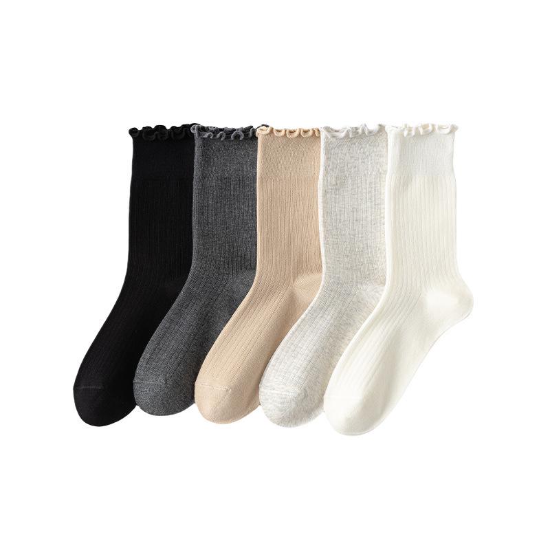 Japanese & Korean Style Ruffle Lace Mid-Calf Socks - Retro Vertical Stripe Design for Women