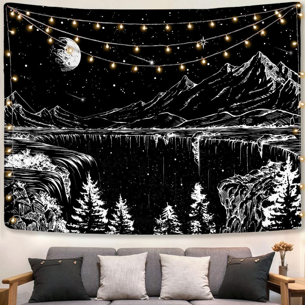 VIKAMA Black and White Starry Night Mountain Tapestry Bedroom Aesthetic Wall Hanging Living Room Dormitory Tapestry Home Decor