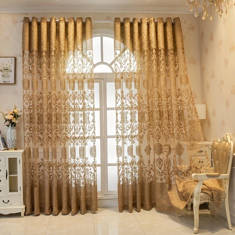 1PC Golden Elegant Jacquard Sheer Curtain with Grommet Top - Perfect for Bedroom, Living Room & Home Decor