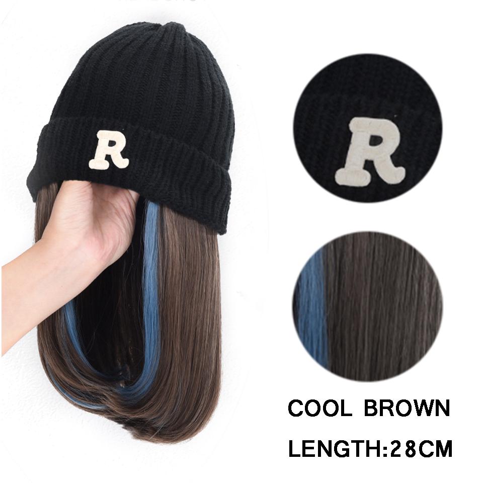 

Короткие волосы, парик, натуральный коричневый парик, соединенный с синтетической вязаной шапкой, теплый парик для волос, регулируемый зимой для женщин