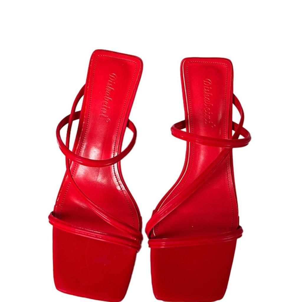 Thin Heel One-word Wear Sandals Fashion Korean Version High Heel 2025 New Summer Square Head Cool Slippers Red